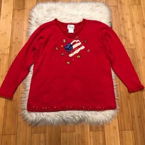 Vintage The Quacker Factory Sequins Beaded Patriot Flag Red Ugly Sweater size XL
